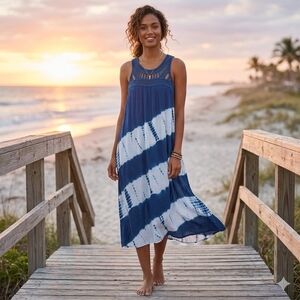 Studio West Blue Tie Dye Crochet Lace Rayon Boho Mini Dress M